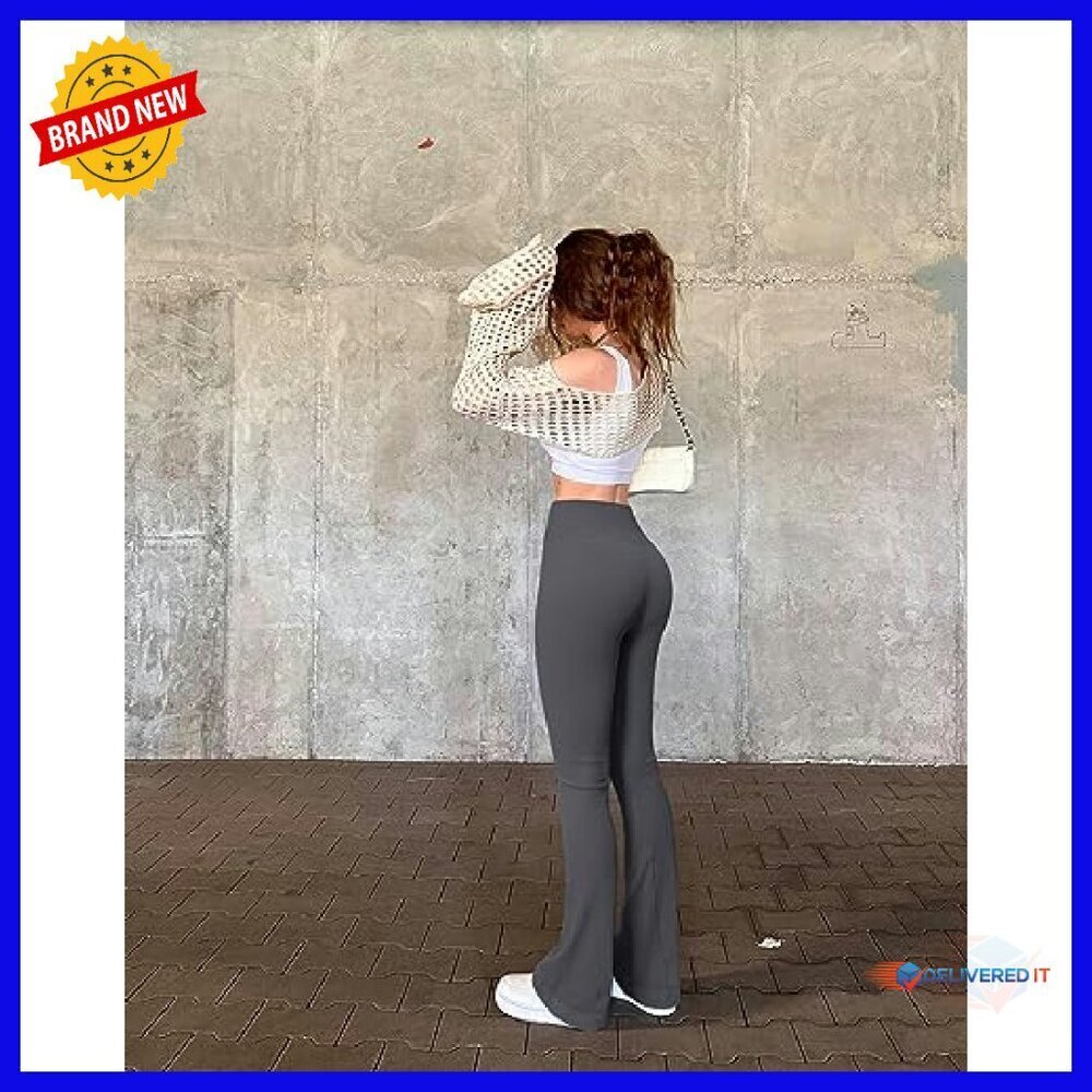 High Waist Ribbed Yoga Pants Flare Leggings 2 Piece Set Workout - Picture 4 of 7